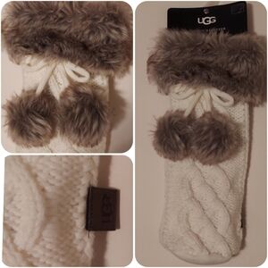 NEW UGG Wine Bottle Holder- white cable knit with brown faux fur and poms poms